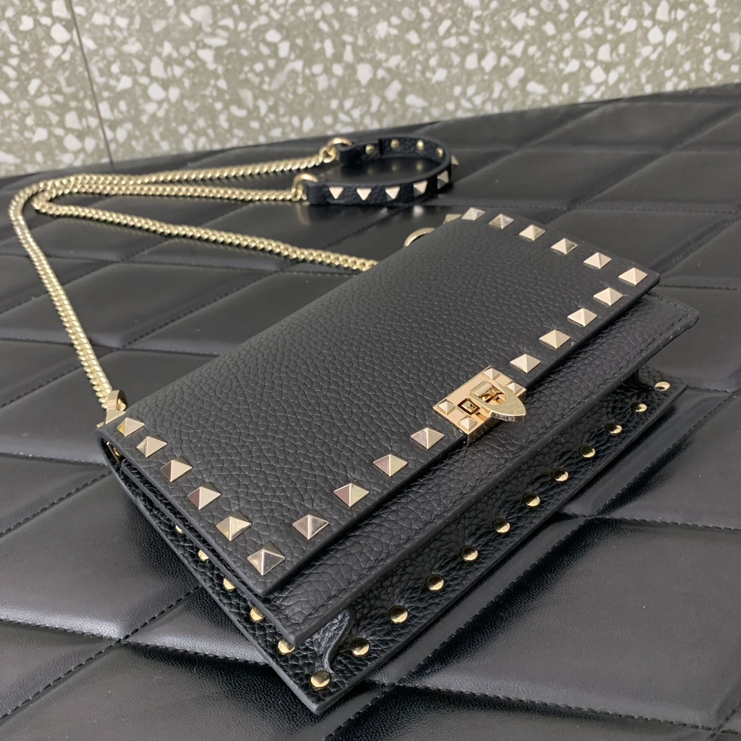 Valentino Garavani Rockstud Small Shoulder Bag in Black Grainy Calfskin